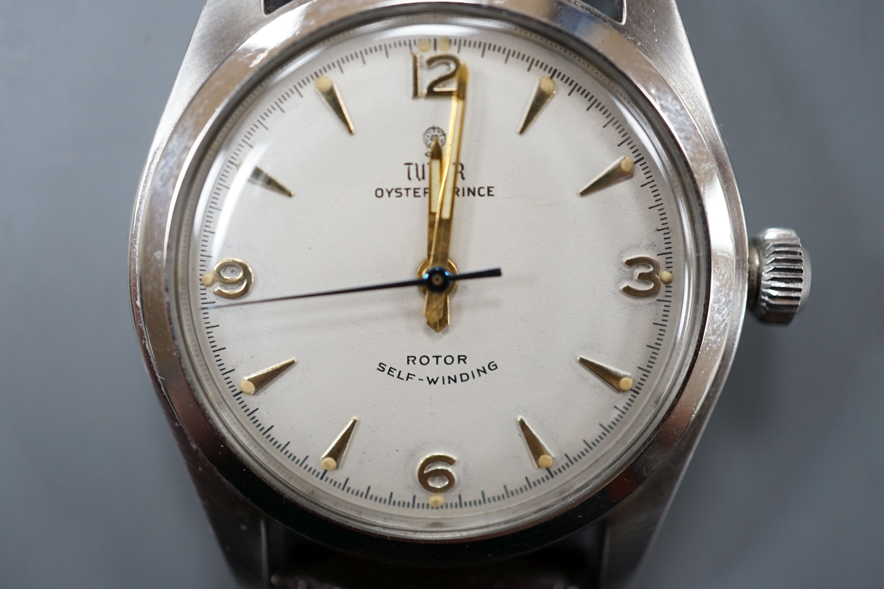 A gentleman's stainless steel Tudor Oyster Prince rotor self-winding wrist watch, case diameter 35mm, on associated leather strap.